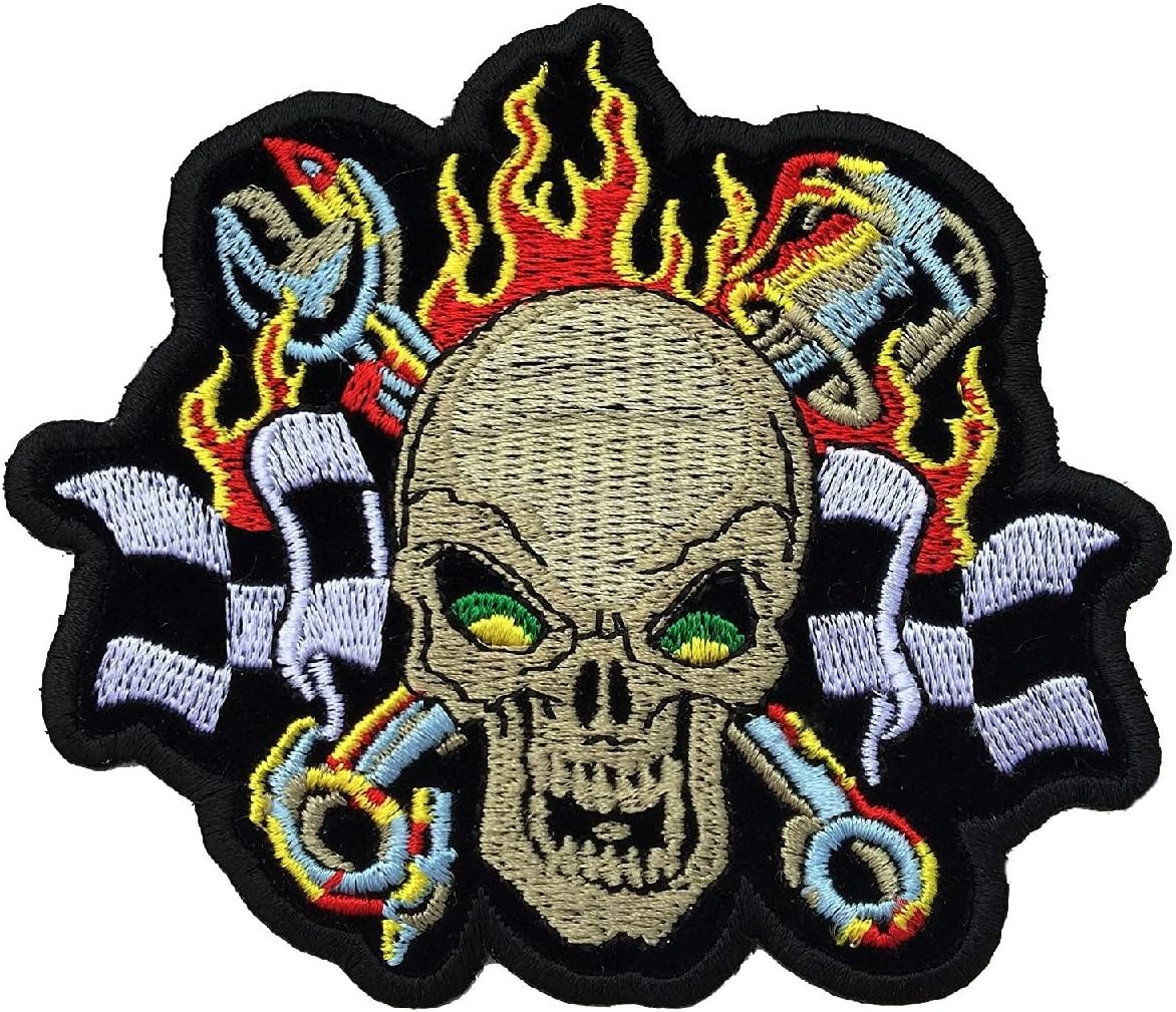 Skull with Pistons and Flames Patch – Embroidered Patch for Jacket, Backpack, Motorcycle Club, 9.8x9.3 cm