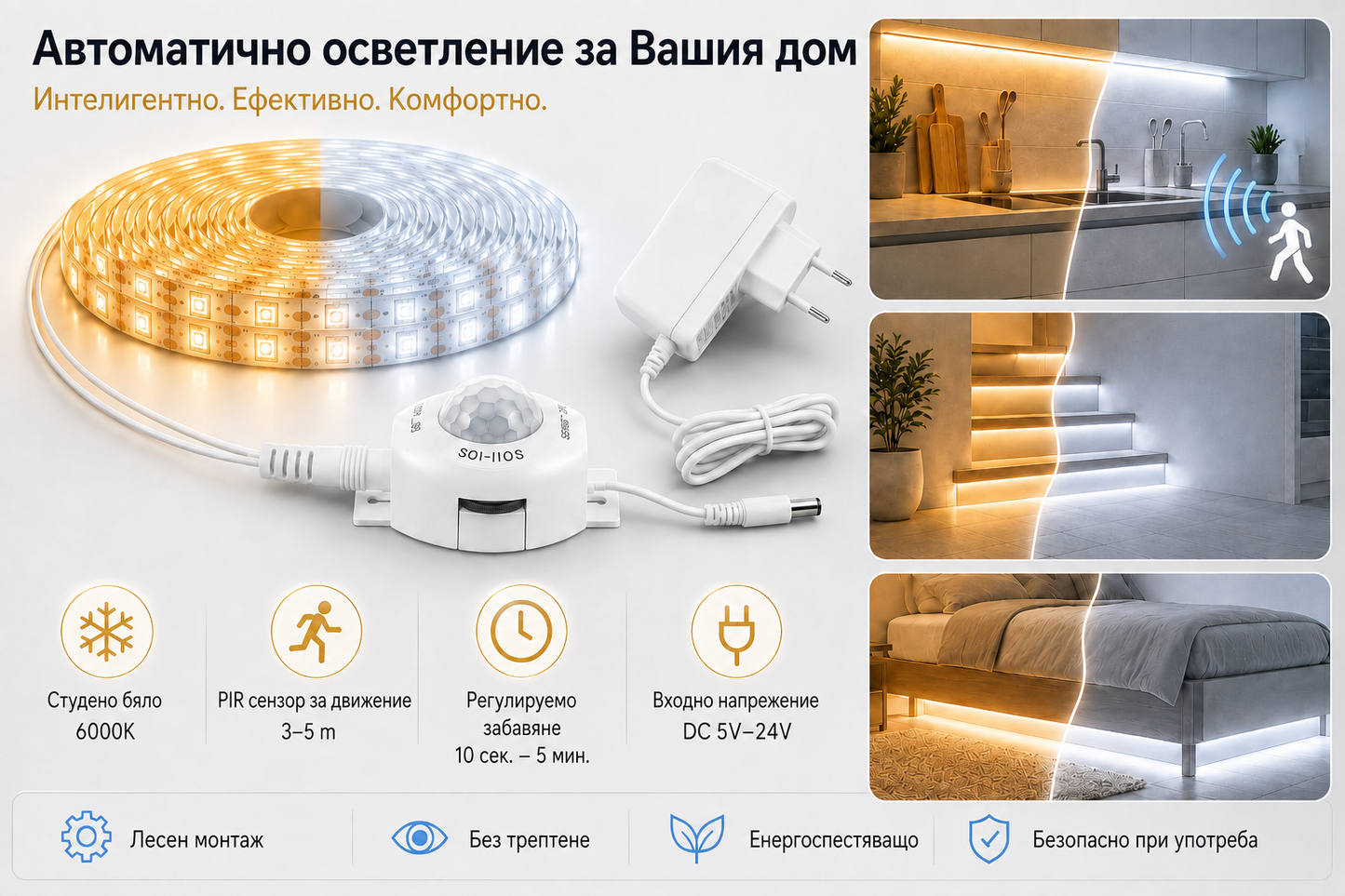 5м LED Лента със PIR Сензор за Движение – Автоматична Светлинa, Обхват 3м, 220V, IP65