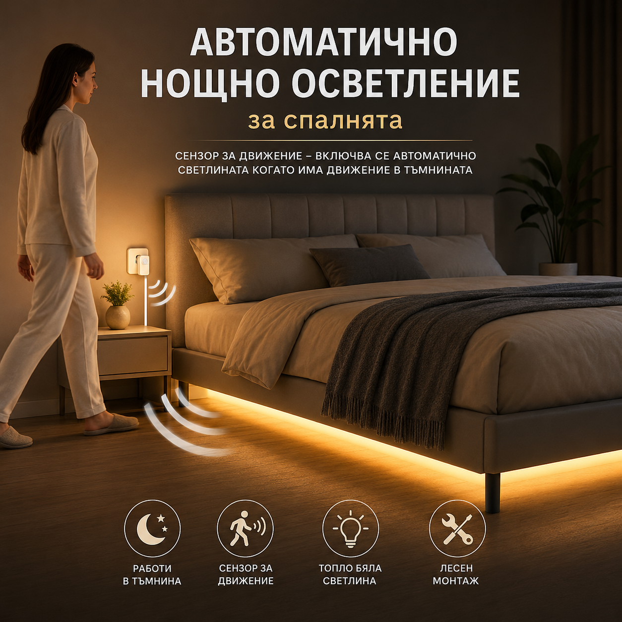 5м LED Лента със PIR Сензор за Движение – Автоматична Светлинa, Обхват 3м, 220V, IP65