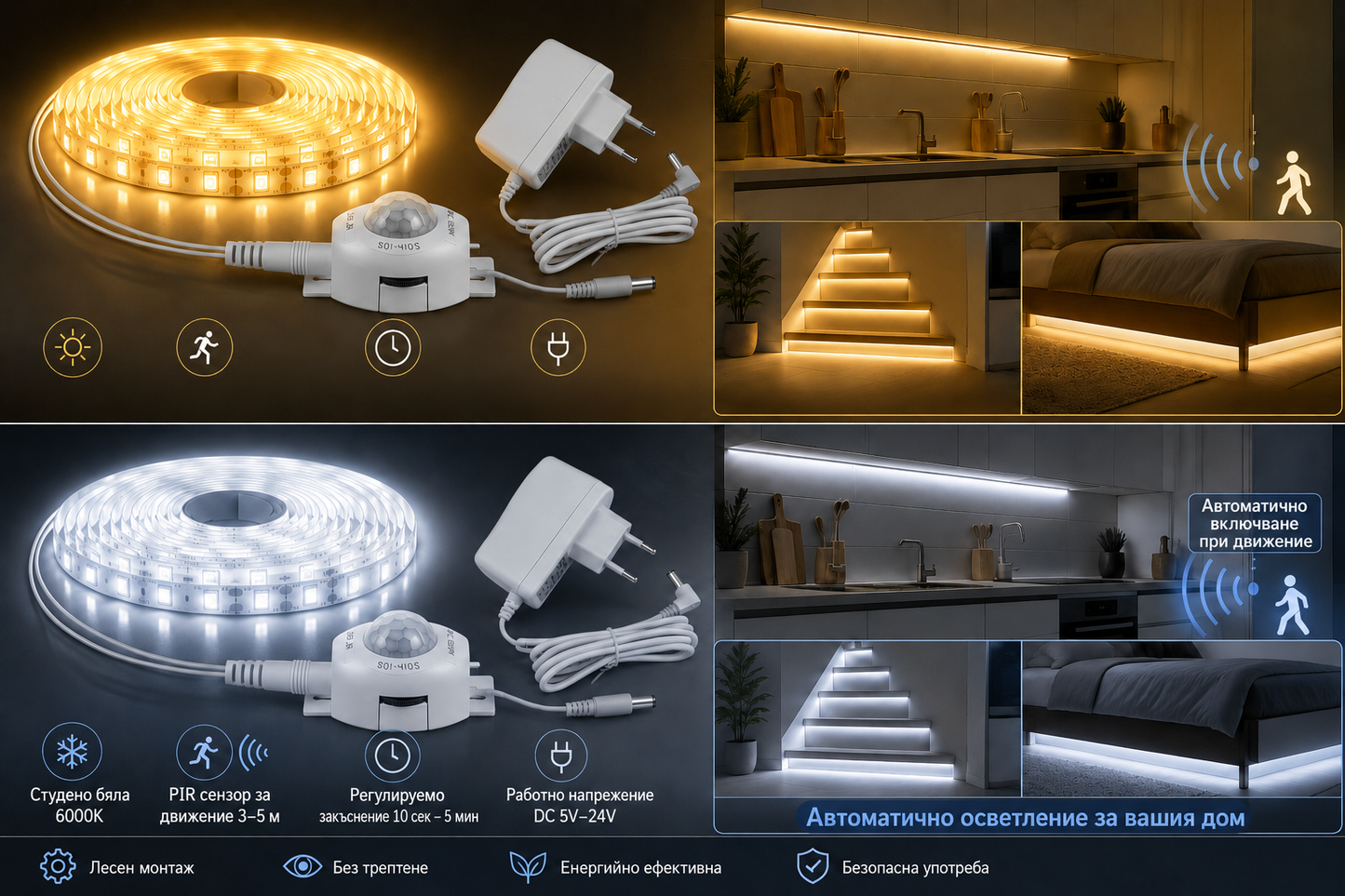 5м LED Лента със PIR Сензор за Движение – Автоматична Светлинa, Обхват 3м, 220V, IP65