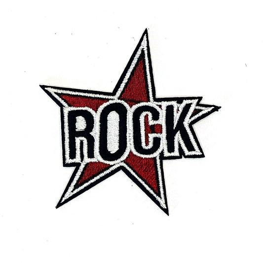 Patch "ROCK" - red star, embroidered iron-on patch, 8 cm