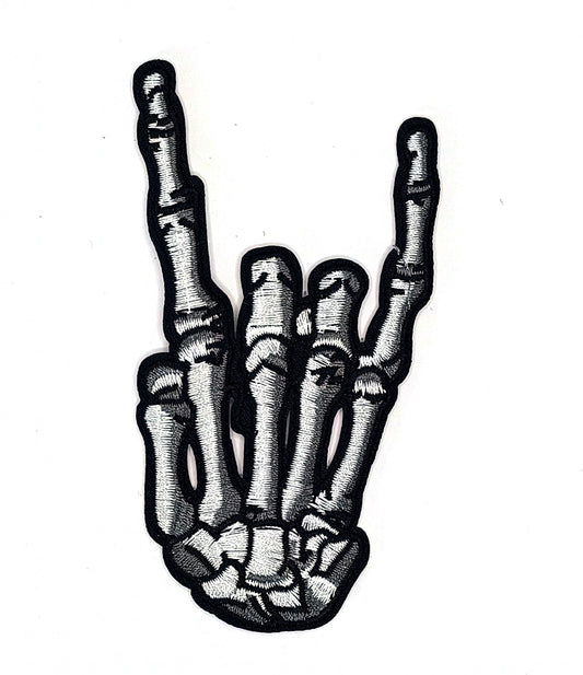Embroidered patch "Rock On" - skeleton hand, 12x6.3 cm, iron-on