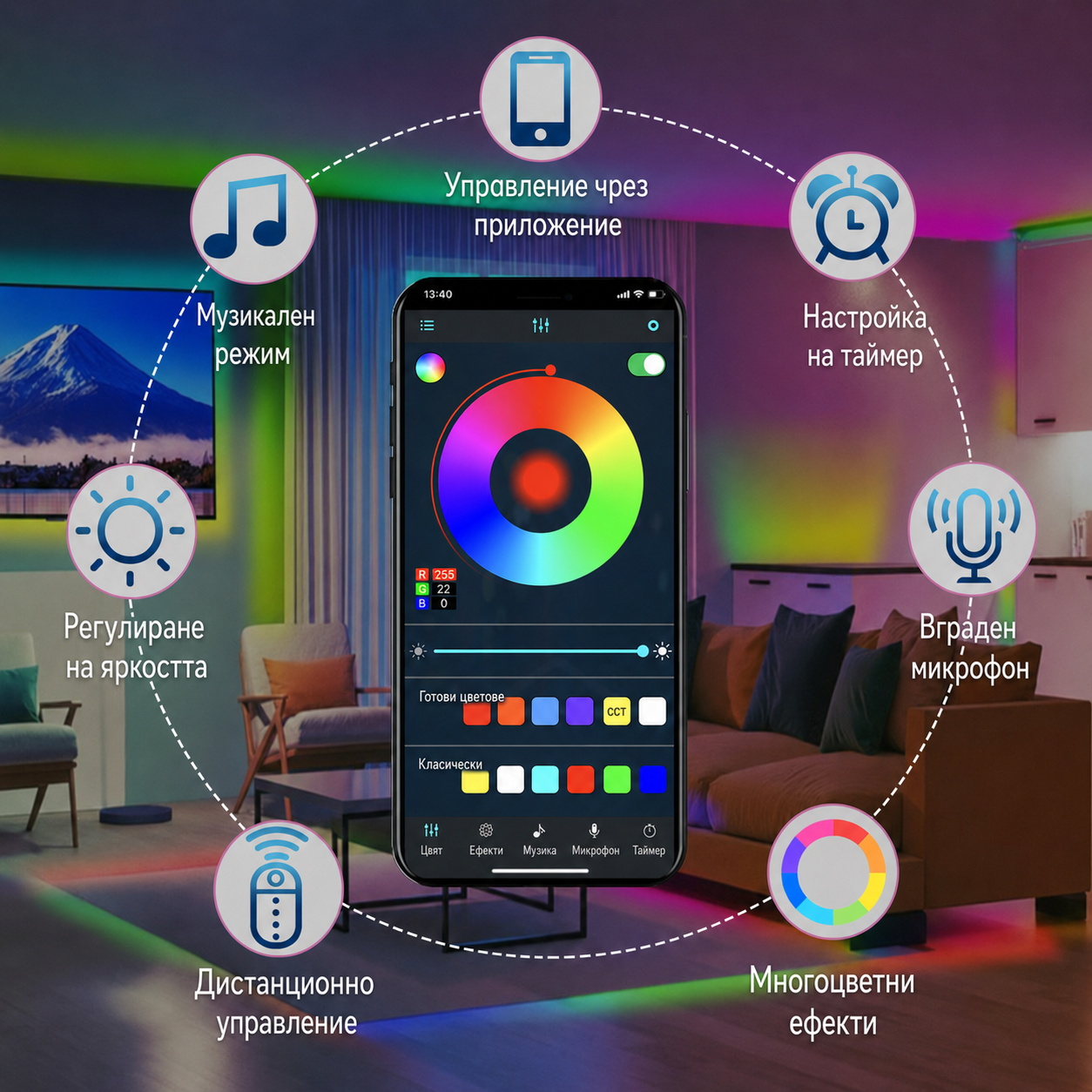 RGBIC LED лента 5 м с музикална синхронизация – Bluetooth, приложение, дистанционно и цветни ефекти за TV, гейминг и партита