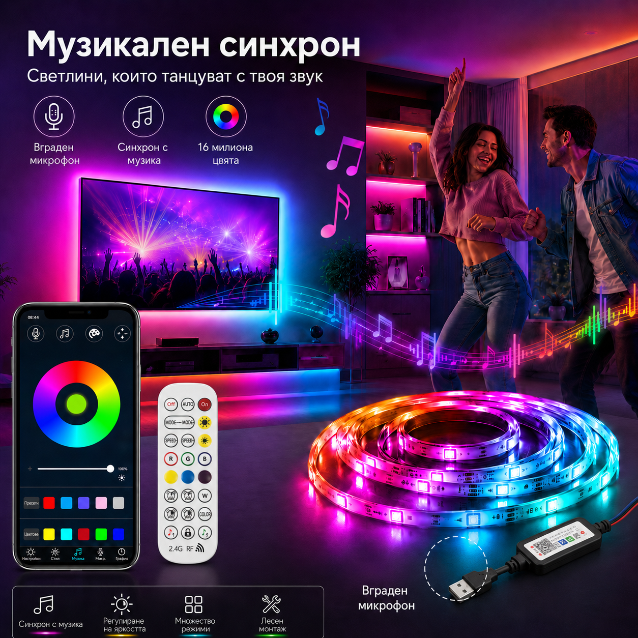 RGBIC LED лента 5 м с музикална синхронизация – Bluetooth, приложение, дистанционно и цветни ефекти за TV, гейминг и партита