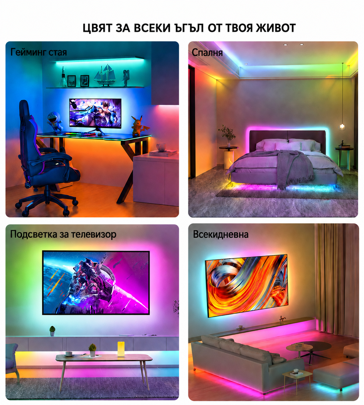 RGBIC LED лента 5 м с музикална синхронизация – Bluetooth, приложение, дистанционно и цветни ефекти за TV, гейминг и партита