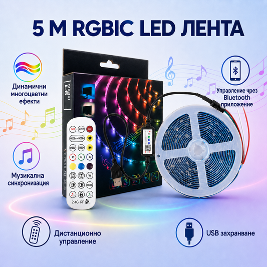 RGBIC LED лента 5 м с музикална синхронизация – Bluetooth, приложение, дистанционно и цветни ефекти за TV, гейминг и партита