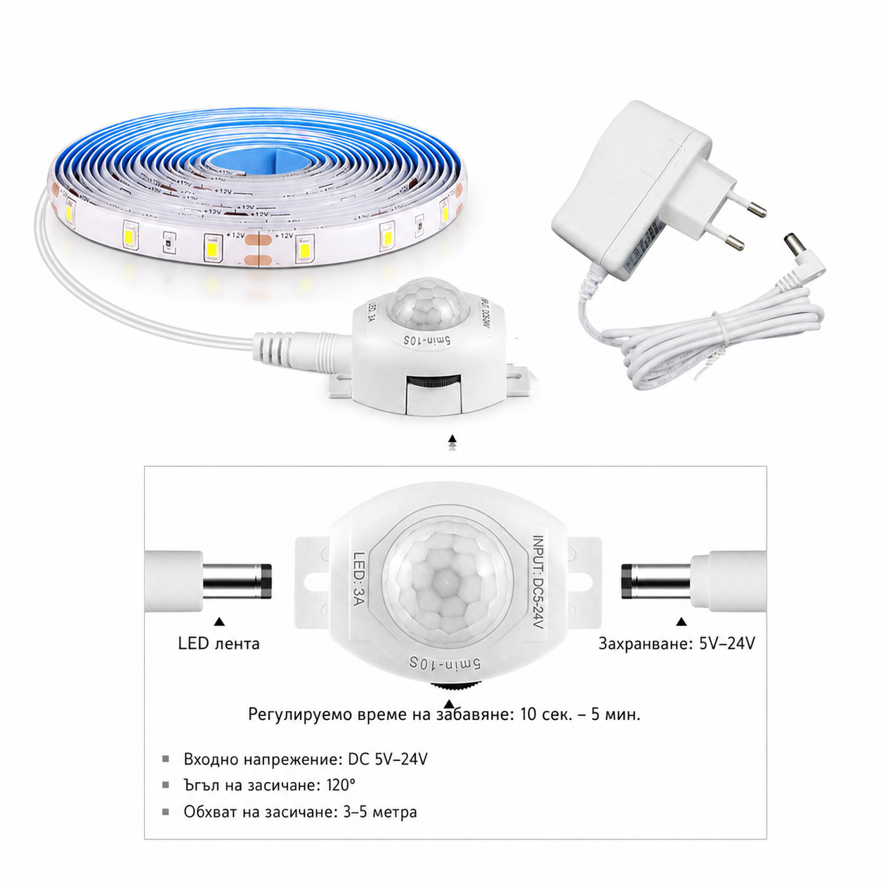 5м LED Лента със PIR Сензор за Движение – Автоматична Светлинa, Обхват 3м, 220V, IP65